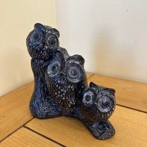 Nuvuk Soapstone Carving Owl 3 Birds on Branch Vintage Hand Crafted Inuit Art